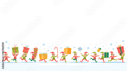 A group of christmas elves running with gifts and a candy cane against a white background with snowflakes
