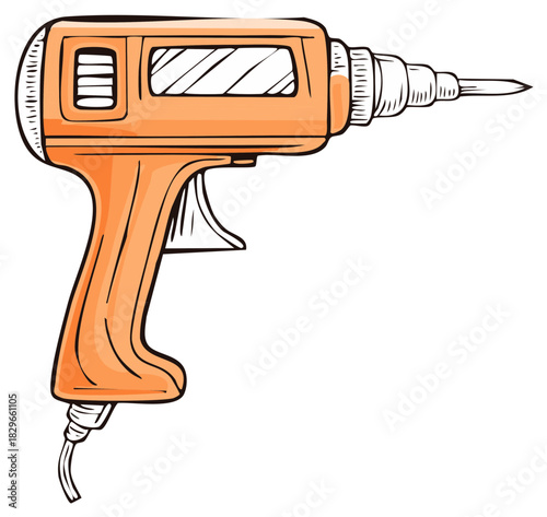 Orange power drill illustration shows repair, construction, and home improvement tools with a cord for electrical work or tasks.