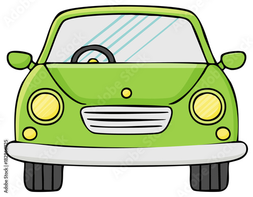 Green cartoon car with round headlights and wheels. Front view, vector.