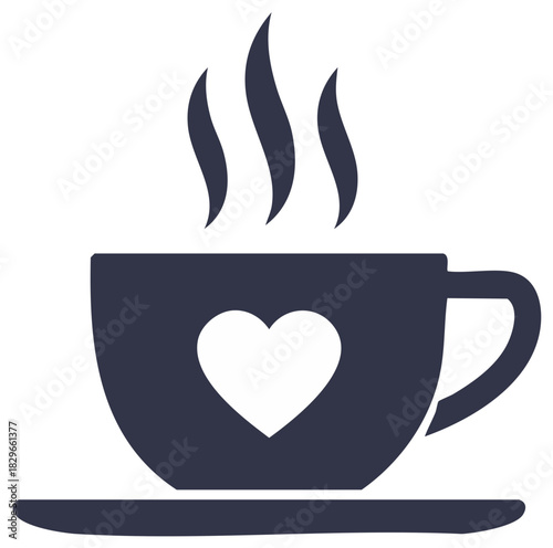 Cup of coffee with a heart and steam, simple silhouette illustration on a saucer
