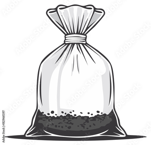 Graphic illustration of a sealed transparent pouch containing dark granular material