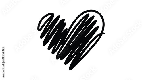 A black and white image of a heart shape created with scribbled lines on a white background design