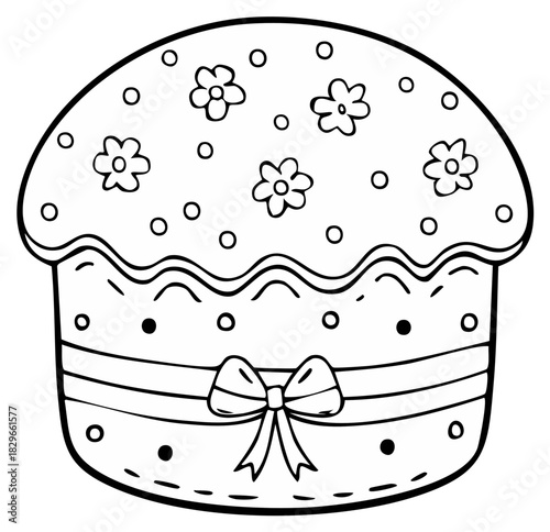 Cute decorated Easter cake with flowers and a bow coloring page illustration