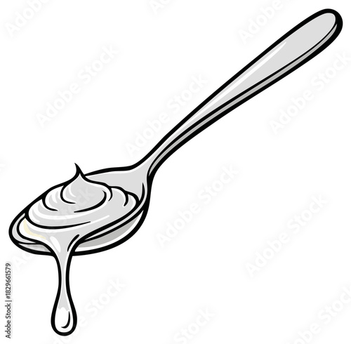 A cartoon spoon with a dollop of white cream or yogurt dripping from it