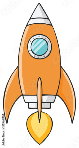 Cartoon orange rocket with flame, launching, flying, vector illustration; futuristic, fantasy, exploration and flight.