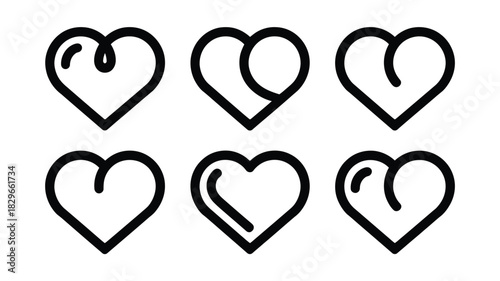 A collection of six heart icons with unique designs arranged in a grid on a plain white background