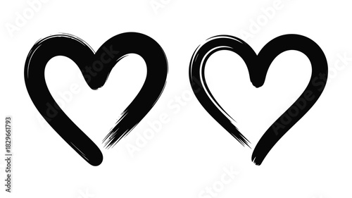 Two black heart shapes painted with brush strokes displayed on a white background in a simple design