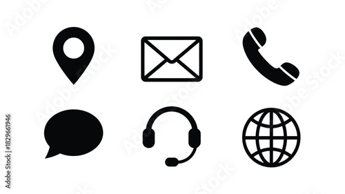 A set of six black contact icons including location email phone chat support and globe on white background