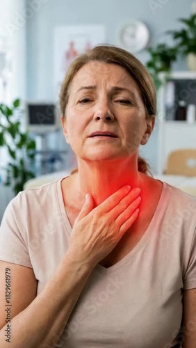Mature Woman Suffering from Sore Throat and Thyroid Discomfort with Visual Effects