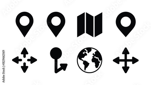 A collection of black and white navigation icons featuring map pins globe arrows and a folded map symbol