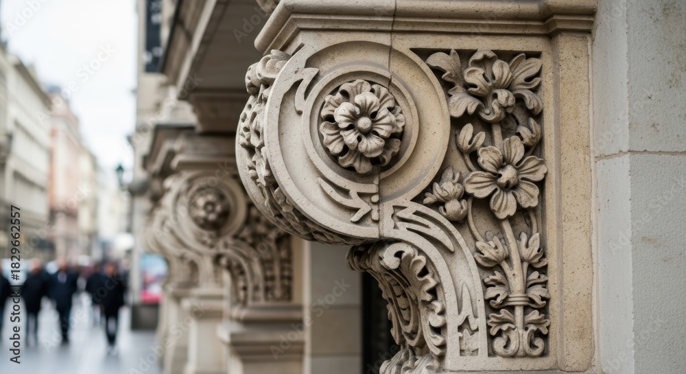 Obraz premium Ornate architectural details of historic building featuring floral stone carvings