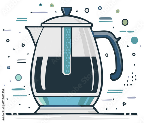 Illustration of a glass coffee pot with dark beverage, artistic modern design.