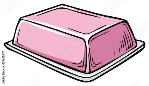 Sweet Pink Jelly Dessert in Rectangular Container, Hand-Drawn Style
