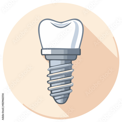 Simple illustration of a dental implant with crown and screw base on beige circular background