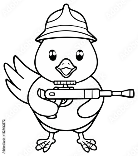 Playful cartoon chick wearing an explorer hat and holding a toy blaster, line art coloring page
