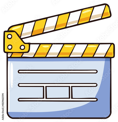 Animated film clapperboard with yellow and white stripes open wide