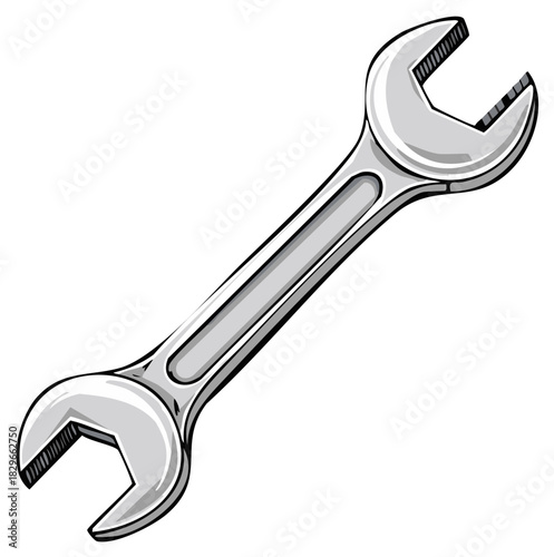 Shiny metal double open-ended spanner illustration for repair and maintenance. Vector graphic of a workshop tool.