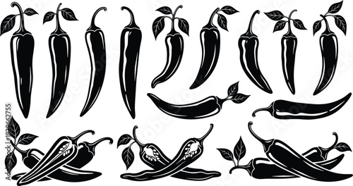 Collection of black chili pepper silhouettes with leaves and cut halves hot pepper