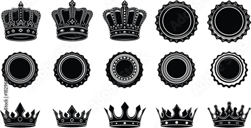 Collection of black silhouette crowns and bottle caps on white background royal king