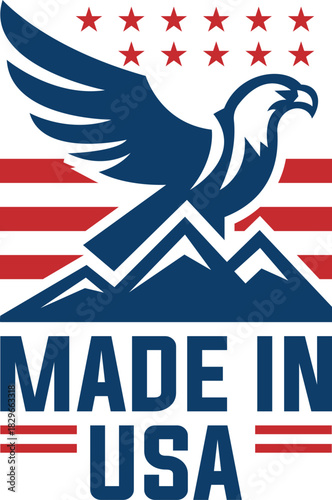 Patriotic Made in USA Eagle Emblem with Mountains and Flag Stripes
