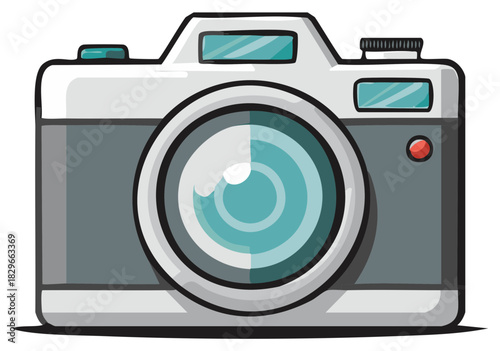 Stylized cartoon illustration of a retro photo camera with a large lens for photography