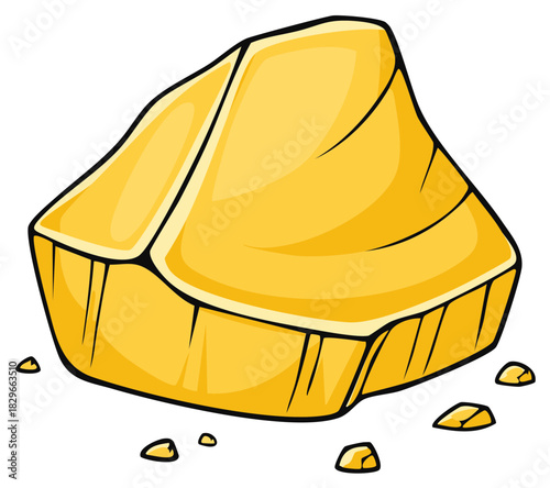 Bright yellow gold nugget gemstone with small pieces scattered around its base isolated on white