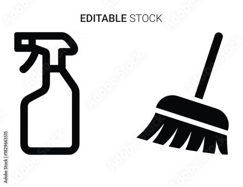 Beautiful silhouette vector of cleaning tool icons spray bottle and broom isolated on