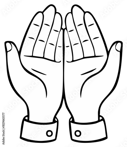 Black and white vector illustration of open human hands in a gesture of prayer or receiving.