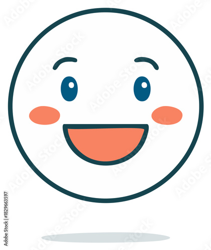 Cute cartoon emoji with wide happy smile, rosy cheeks and expressive eyes, simple flat illustration