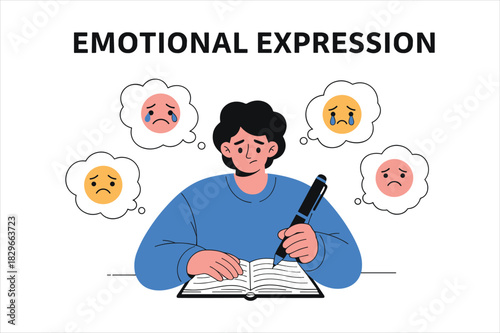 Person writing in journal expressing various emotion thought bubbles