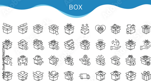 Collection of line art icons representing various boxes and gift packages with different symbols and actions