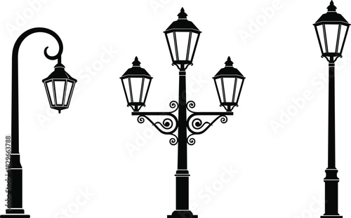 Vintage street lamp silhouettes, three designs, curved lantern pole, triple-arm ornate lantern, straight pole lantern, classic urban lighting, historical decorative lamps, vector illustration