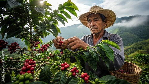 Coffee farmer harvesting ripe cherries in mountains