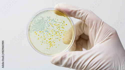 Hands in white gloves holding petri dish with visible microbial culture of bacteria and mold, isolated background close-up, laboratory media plate for technology research and food safety science.