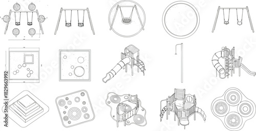 Collection of playground equipment blueprints including swings slides and climbing structures