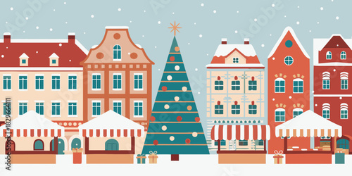 Festive christmas market with decorated tree and colorful buildings