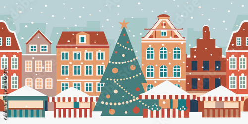 Christmas market in a european town with snowfall and festive decorations