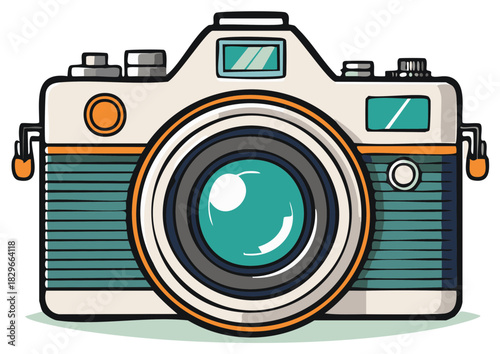 Retro camera illustration with teal and orange accents capturing memories