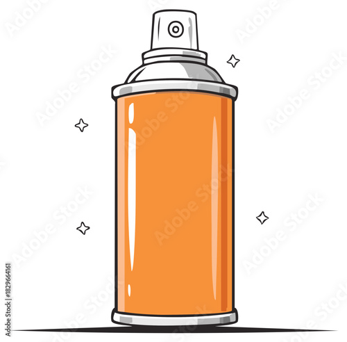 Shiny orange aerosol spray paint can with sparkles in a clean cartoon vector style