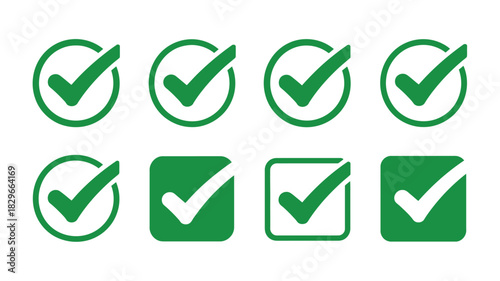 A collection of green check mark symbols in circles and squares on a white background, eight in total