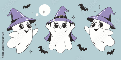 Cute halloween ghosts wearing witch hats bats and stars on blue