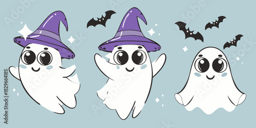 Cute cartoon ghosts wearing witch hats with bats for halloween