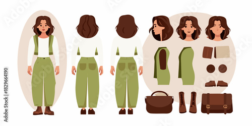 Character design sheet of a young woman in casual clothing