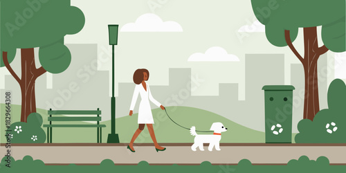 Woman walking dog in park on leash with city skyline background
