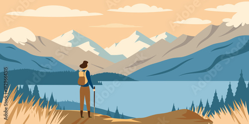 Woman hiking in nature with mountains and lake scenery illustration