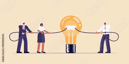 Teamwork pulling the lightbulb rope symbolizing collaborative innovation and problem solving