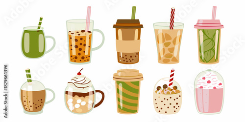 Collection of various bubble tea drinks in different flavors and styles