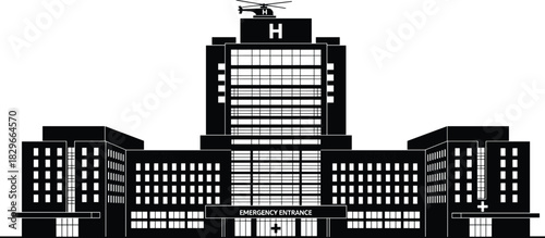 Modern hospital building silhouette with emergency entrance, medical clinic wings, rooftop helipad, healthcare architecture illustration, urban medical center design, black and white vector