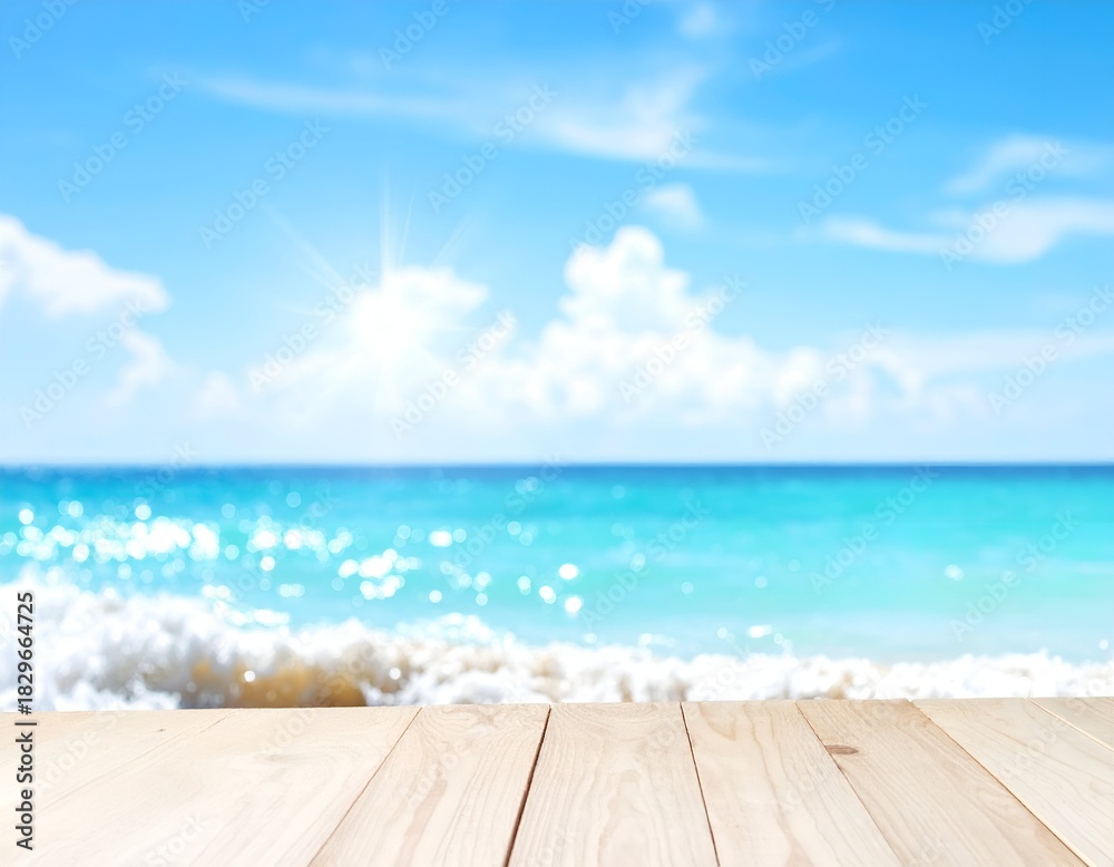 Fototapeta premium A sunny seascape with a wooden table in the foreground, waves and blue sky