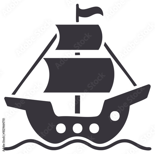 Simple Dark Grey Sailing Ship Icon on Stylized Waves Maritime Travel Symbol Vector Graphic
